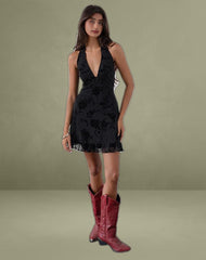 Motya Halterneck Mini Dress in Floral Rose Flocked Black