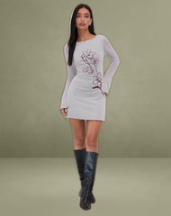 Satoli Mini Dress in Mono Flower Flock Pale Grey