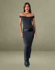 Racha Thick Rib Bardot Maxi Dress in Black Forest