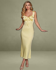 Yellow V Neck Ruffle Mermaid Midi Dress