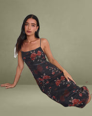 Nori Midi Dress in Watercolour Rose Black