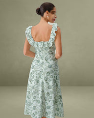 Green Floral Square Neck Ruched Midi Dress