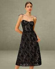 Black Sweetheart Neck A-Line Slip Midi Dress