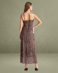 Brown Leopard Sweetheart Neck Slip Maxi Dress