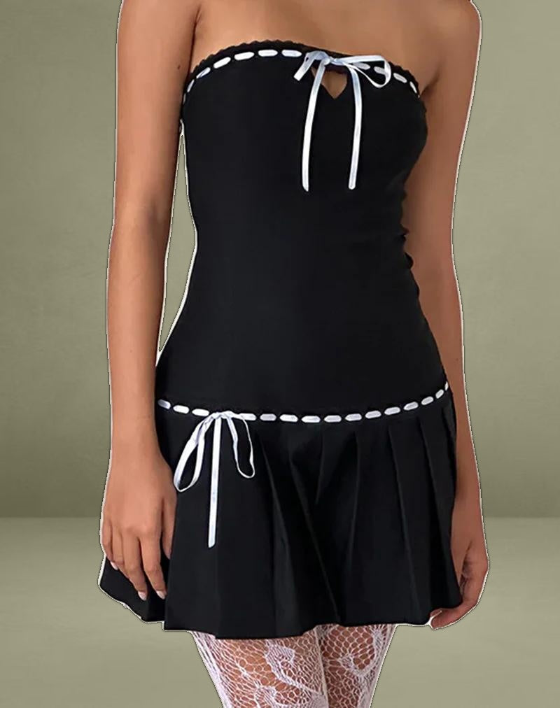 Petula Mini Dress in Black with Blue Contrast Ribbon