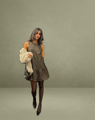 Samana Babydoll Mini Dress in Check Dark Brown