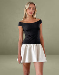 Yael Mini Dress in Lycra Linen Black and Ecru